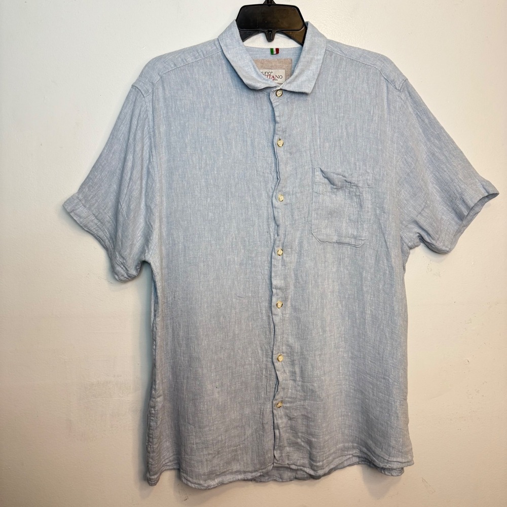 Bruno Positano Button Up Mens Large Blue 100% Linen Short Sleeve Collared Casual